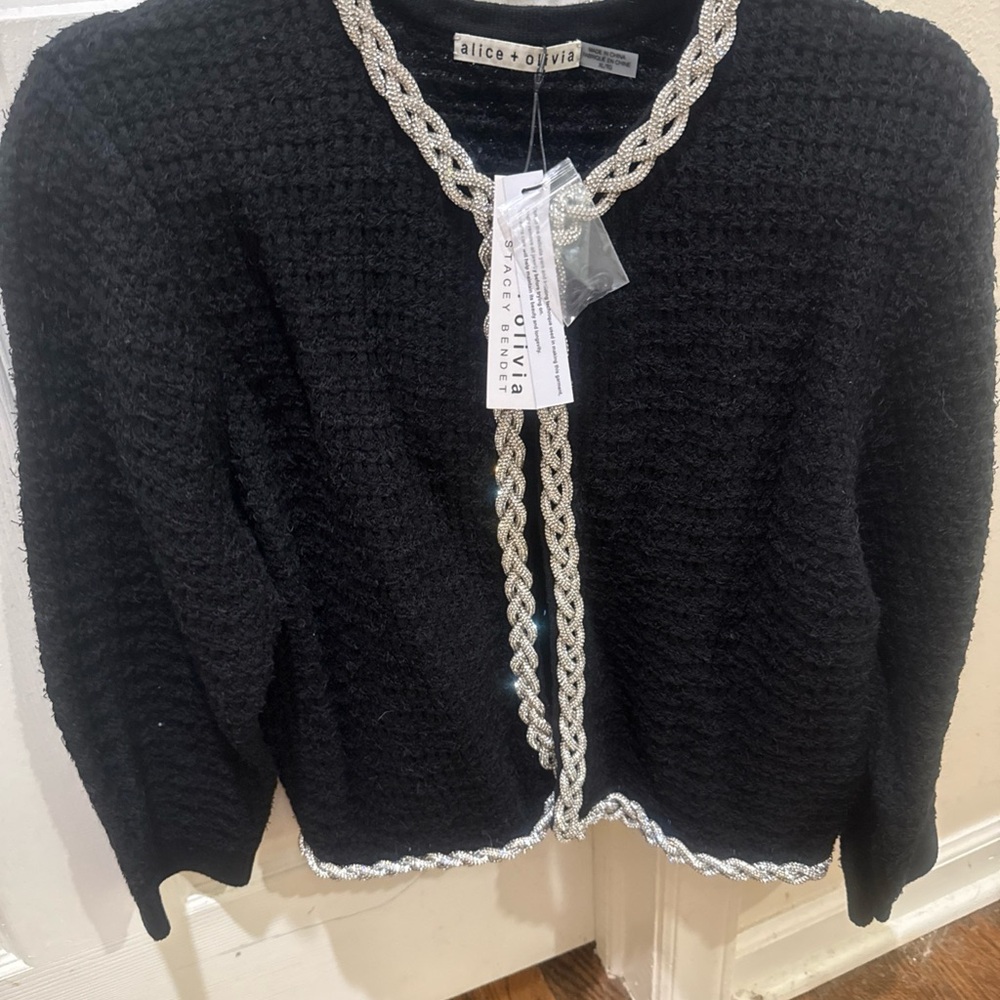 Alice + Olivia black open front cardigan with silver braided crystals. NEW! - Picture 6 of 11